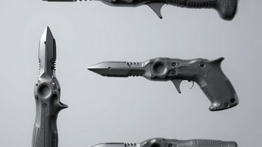 A high-fidelity CAD render of a handheld industrial tool with complex surfacing, shown from three technical angles against a neutral silver-gray background.