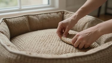 Close-up of hands inspecting the weave of a high-quality, natural fiber pet bed, soft natural window light, muted earthy tones, shallow depth of field, 35mm lens.