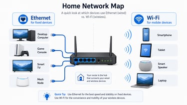 Home network map showing desktop computer, game console, smart TV, and mesh node connected by Ethern