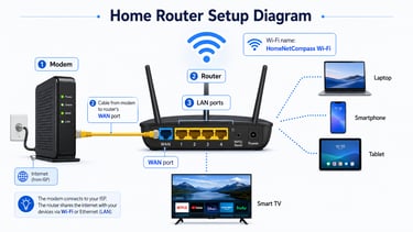 Home router connected to a modem with labeled WAN port, LAN ports, Wi-Fi name, and connected devices