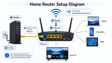 Home router connected to a modem with labeled WAN port, LAN ports, Wi-Fi name, and connected devices