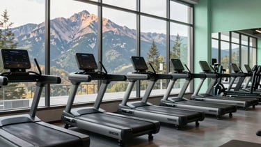 Wide-angle photography of a high-end North American / US boutique fitness studio. Through large industrial windows, a view of a sunlit mountain ridge is visible. The interior features clean lines, dark slate equipment, and mint green accents. The lighting is bright and energetic, reflecting a premium wellness environment.