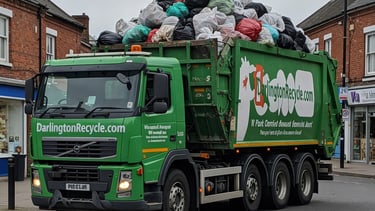 Darlington Recycle waste disposal truck, full of recyclable rubbish
