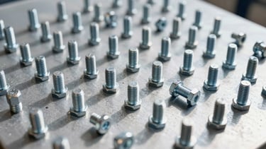 Contractor-grade fasteners, bolts, and welding materials arranged on a clean metal surface, bright natural daylight, sharp focus, 35mm lens