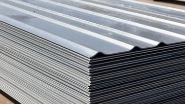 Stacked color-coated roofing sheets, high-contrast metallic textures, bright natural daylight, sharp focus, 35mm lens