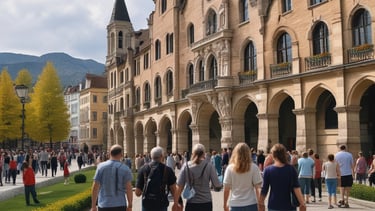 A cheerful group of travelers smiling together on a scenic tour.