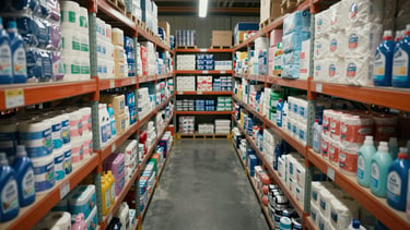 Overhead view of a warehouse section stocked with household essentials — cleaning products, paper goods, and personal care items in bulk packaging arranged in uniform rows on industrial shelving, even overhead lighting