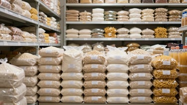 Wide warehouse shelf view of dry goods in bulk — bags of rice, flour, sugar, oats, and dried pasta stacked in organized rows, clean bright lighting, labels facing forward, high-volume inventory visible