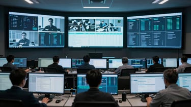 Wide panoramic view of a security operations centre, three large curved monitors displaying live audit dashboards with blue-and-teal data visualisations, dim room with cool ambient screen glow, workstations in mid-ground, no people visible, cinematic depth of field