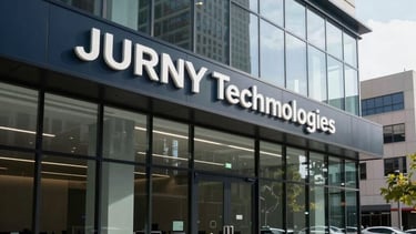 A sleek, professional photograph of a modern glass office interior in a North American city like Denver, capturing a contemporary aesthetic. The scene features clean lines, bright natural lighting, and a palette of dark navy and light gray tones, emphasizing JURNY Technologies' sophisticated corporate culture.
