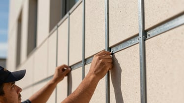 Extreme close-up of workers meticulously installing metal lath on a modern exterior wall, sharp details, bright natural daylight, architectural focus