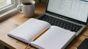 Overhead close-up of a well-organized desk with a planner open to a weekly schedule, a pencil mid-mark, a laptop screen showing a spreadsheet, and a coffee mug at the corner — natural window light from the left, calm and focused
