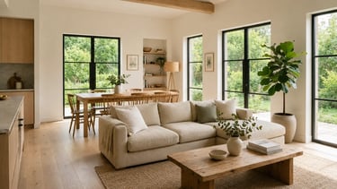 Zona living stile moderno, divano beige chiaro con penisola, tavolo da pranzo e tavolino da salotto in legno naturale