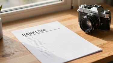 A printed screenplay on a wooden desk next to a vintage camera lens, warm golden hour window light.