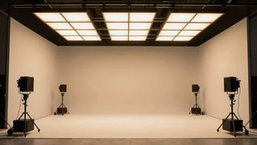 An empty soundstage with overhead lighting grids, soft amber glow, professional production equipment arranged neatly.