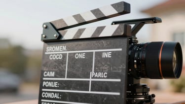 A close-up of a professional film slate resting on a camera lens, bright natural daylight, technical details visible on the board.