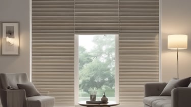 Close-up of elegant fabric blinds filtering sunlight in a cozy living room