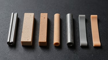 Direct overhead flatlay of six 3D-printed test specimens — tensile bar, compression block, thin-wall cylinder, flexible strip — arranged in a precise row on matte black surface under bright even studio light, each showing distinct surface texture and material colour, extreme detail at 2cm depth of field