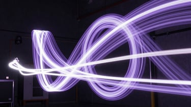 Abstract light trails in lavender and white moving through a dark technical space, sharp details, cinematic composition.