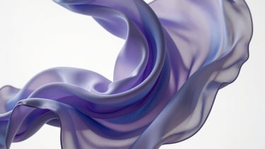 Abstract silk-like fabrics floating in a white void, soft lighting, lavender and blue reflections, high-end motion design render.