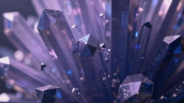 Digital rendering of abstract crystalline structures refracting light into lavender and dark blue shadows, cinematic and technical.