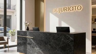Photography of the interior of a luxury real estate agency in Spain. The scene features a sleek reception desk made of dark slate stone, polished light grey floors, and minimalist furniture. Soft sunlight filters through large windows. Decorative gold accents on the wall create a sophisticated and professional atmosphere. European / Spanish style.