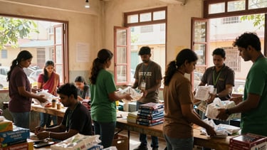 Candid wide shot of volunteers distributing supplies at a local community center in Goregaon, warm sunlight streaming through windows, documentary style, natural lighting.