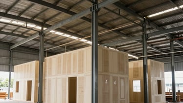 Photography of a large commercial warehouse being converted into an office with steel structures for drywall partitions. Brazilian construction site, professional setting.