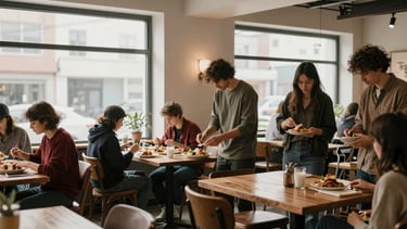 Wide shot of a small agency team styling a food photography shoot in a cozy, Scandinavian-style restaurant interior, natural overcast daylight pouring in, muted earthy tones.