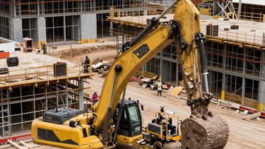 High-angle shot of a construction site with heavy machinery and steel structures, emphasizing scale and industrial power, in a South American setting.