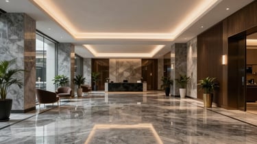 Interior of a luxury corporate lobby in Brazil with graphite grey marble floors and warm lighting, emphasizing a sophisticated atmosphere.