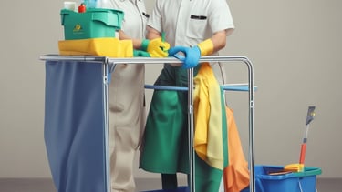 Photo of hotel workers collaborating in a bright lobby