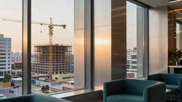 A professional photography shot of a modern architectural office in a Middle Eastern / Anatolian city center. Large windows reveal a construction site with cranes in the distance. The interior features silver sage walls and deep teal furniture, with warm golden sunset light streaming through. High-end, professional atmosphere.