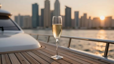 Teak deck of a luxury superyacht at golden hour, a champagne flute catching the low warm sun, shallow depth of field, blurred Dubai Marina skyline in the background.