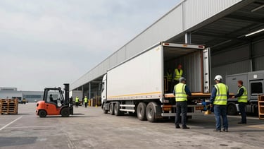 Panoramic wide shot of a truck loading dock at a large European logistics centre, a semi-trailer being loaded by workers in reflective vests, industrial yard under flat overcast daylight, forklifts and pallets visible to the left third, vast dock infrastructure stretching into the background