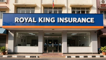 Wide shot of Royal King Insurance office building facade on Chidambaram Nagar Main Road, Thoothukudi, under bright daylight, clean and professional, with clear signage.