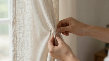 Close-up of skilled hands pinning pleats on a premium linen curtain fabric, workroom setting with soft natural light, shallow depth of field.
