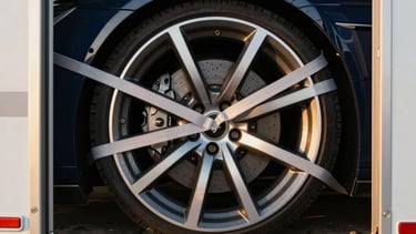 Close-up of a luxury sports car wheel secured by soft-tie straps inside a clean, modern enclosed trailer, shallow depth of field, warm lighting
