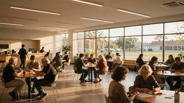 Wide panoramic view of a modern, warm-toned community center interior, filled with natural light, showing people of various ages engaged in activities, soft focus, golden hour light, candid environmental portrait style.