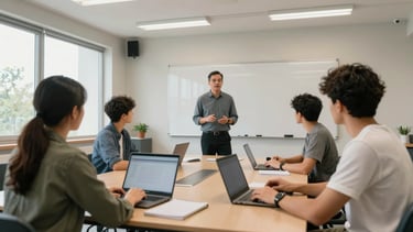 Wide environmental shot of a training session in progress, four to five candidates seated around a conference table with open notebooks and laptops, a mentor standing and speaking at the whiteboard, fluorescent overhead lighting supplemented by window daylight, medium room depth visible