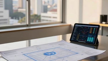 A professional, minimalist engineering workspace in a South American / Brazilian city. The shot features a modern desk with steel blue technical blueprints and a tablet showing data visualizations. The lighting is bright and warm with gold accents, and a large window in the background reveals a blurred urban skyline. High-end architectural photography style.