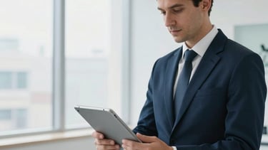 High-end clinical consultation room in Madrid, Spain, showcasing a professional workspace. A medical specialist in formal business attire holds a sleek tablet. The background is a bright, minimalist interior with large windows, featuring a palette of ice white, steel blue, and midnight navy. Sophisticated and trustworthy atmosphere, professional commercial photography.