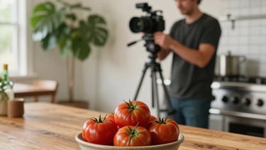 A professional photography shot of a sun-drenched North American farm-to-table restaurant kitchen. In the foreground, a rustic table in a warm wood tone holds a ceramic bowl of deep ripe crimson tomatoes. In the soft-focus background, a content creator is seen setting up a camera on a tripod. The space features crisp parchment walls and accents of matte forest green plants, creating a down-to-earth yet professional atmosphere.