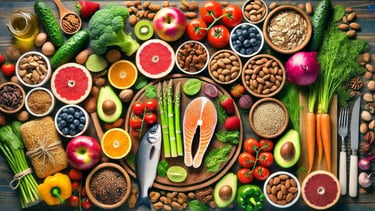 Fresh healthy food spread featuring grilled salmon, colorful vegetables, fresh fruits, whole grains,