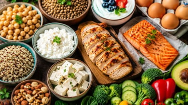 Healthy high-protein foods including chicken, salmon, eggs, Greek yogurt, lentils, tofu, quinoa, and