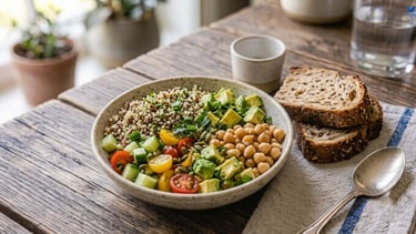 Healthy quinoa salad with vegetables and chickpeas for a balanced high-protein meal.