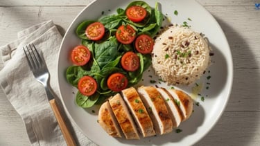 Balanced healthy plate with grilled chicken breast, brown rice, broccoli, carrots, spinach, and cher
