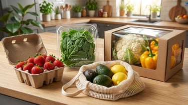 Eco-friendly food packaging using recyclable and compostable materials with fresh fruits