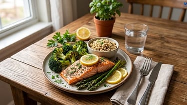 Healthy dinner featuring baked salmon with roasted broccoli, asparagus, quinoa, lemon slices