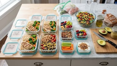 Weekly healthy meal preparation with containers filled with grilled chicken, vegetables, brown rice